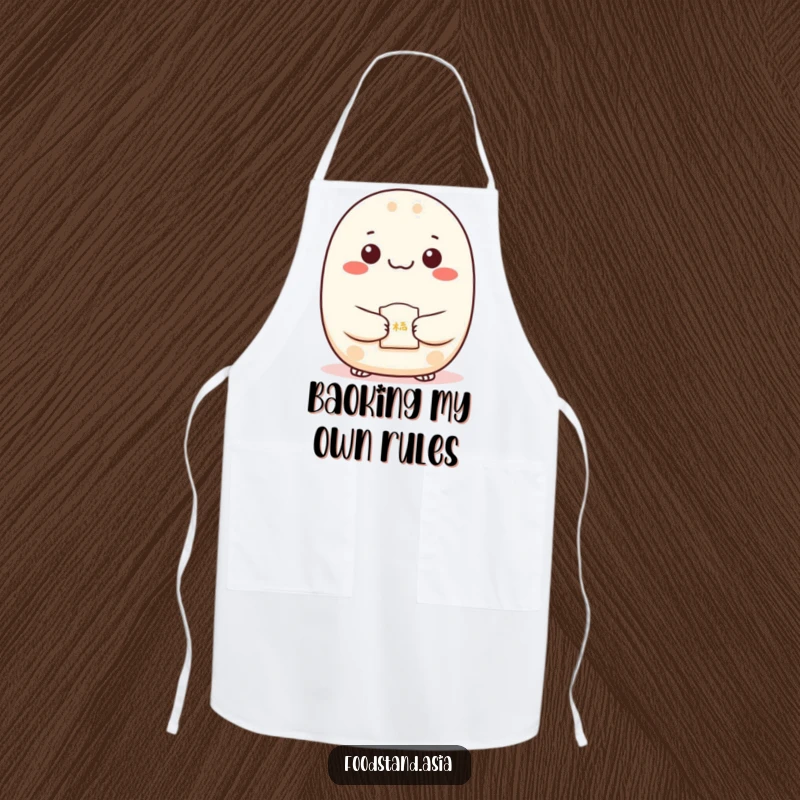 Funny Bao Apron with dots for eyes presenting a fortune cookie, humorous kitchen wear for cooks.