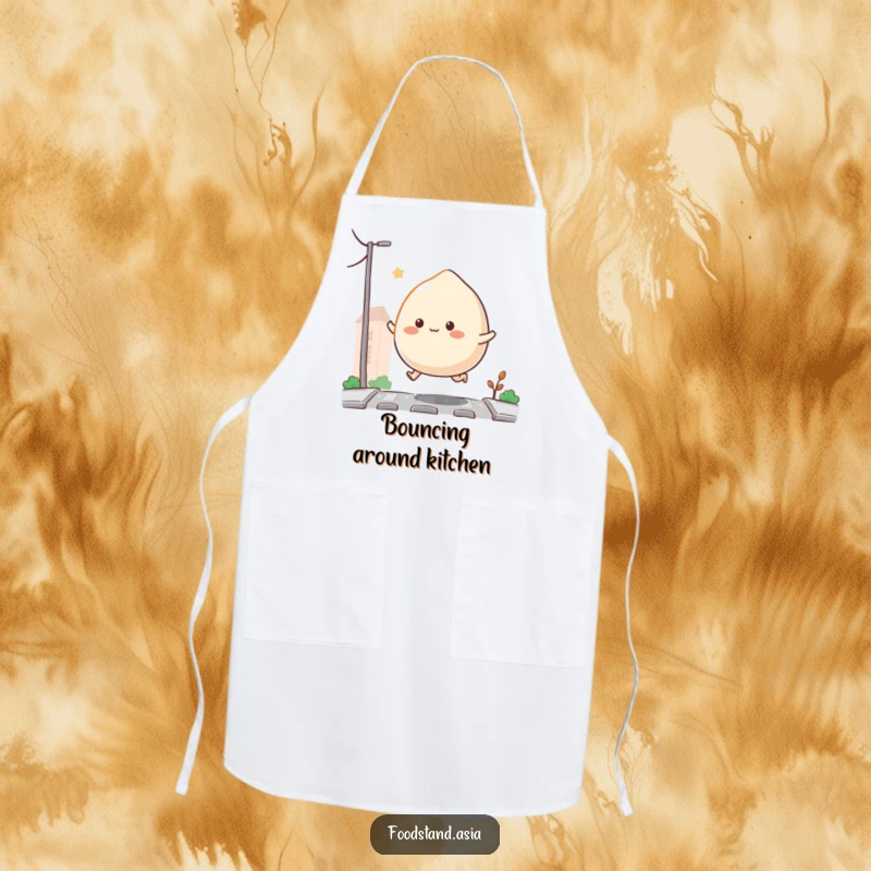 Funny Bouncing Mochi Apron with a mochi with tiny appendages happily hopping on a street, ideal for kitchen use and a cute, useful funny gift.