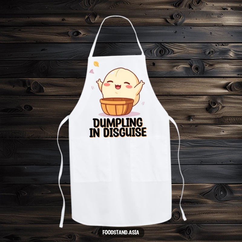 Funny apron featuring a giggling dumpling character playfully tossing a dim sum basket, ideal for adding humor to kitchen activities.