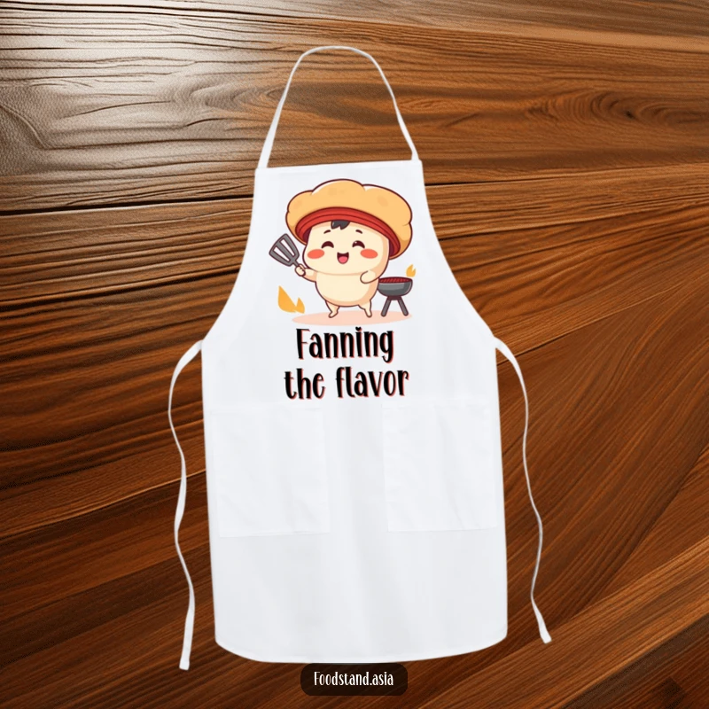 Funny Apron: A smiling bao bun character with tiny legs fans a cooking grill, making this apron a humorous and practical kitchen essential.