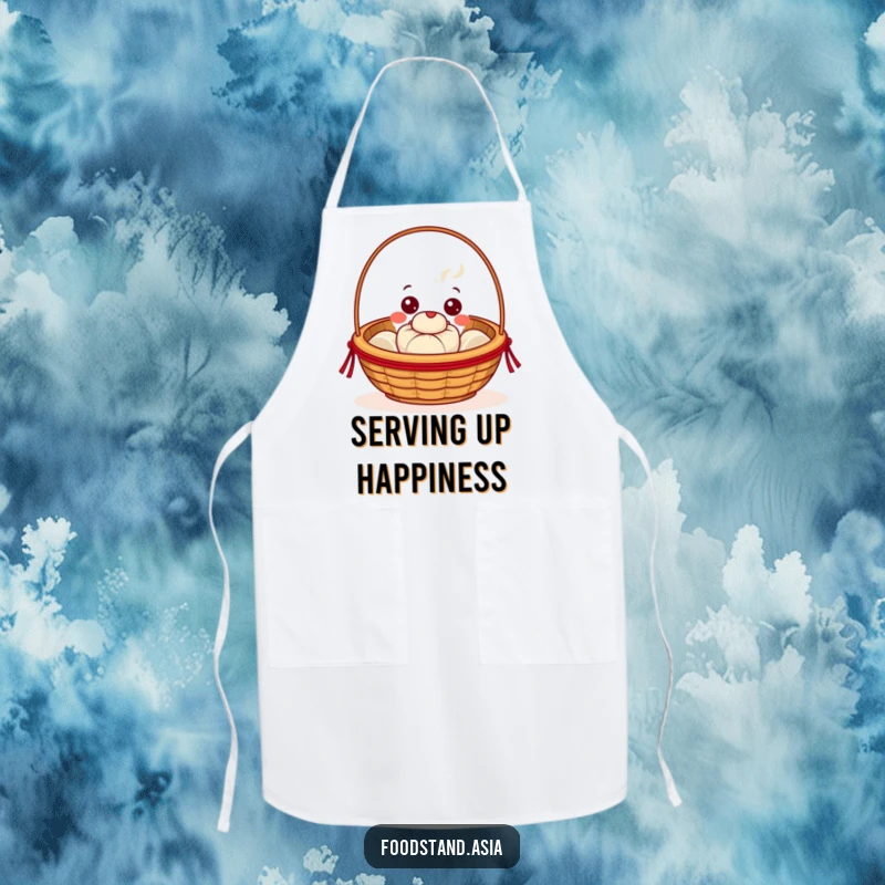 Funny Dim Sum Apron, a beaming basket character with cheerful eyes offering a steaming bun, humorous kitchen wear.