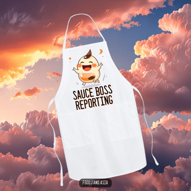 Funny Dumpling Chase Apron with a laughing dumpling with small feet playfully chasing a soy sauce bottle, ideal for kitchen use and a fun, useful funny gift.