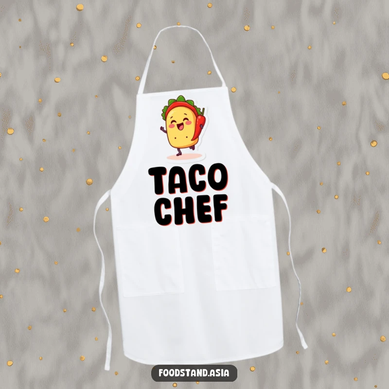 Funny apron with a cheerful anthropomorphic taco happily dancing with a chili pepper, adding humor to kitchen activities.
