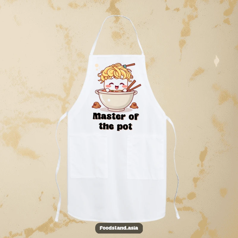 Funny ramen apron showing a laughing bowl character with pasta hair, expertly stirring a huge pot.
