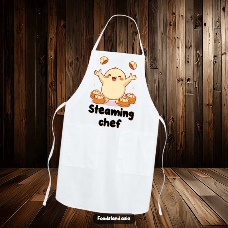 Funny apron with a jubilant anthropomorphic dumpling happily juggling small steamed buns, adding humor to kitchen activities.