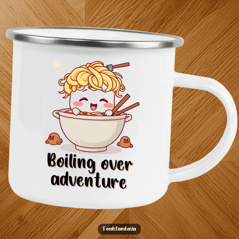 Funny ceramic camping mug of a laughing ramen bowl with noodle hair, stirring a giant pot.