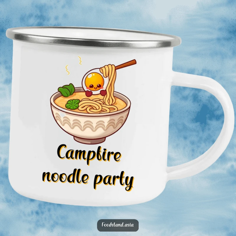Funny Ramen Bowl Camping Mug with giggling noodles and a bouncy egg, durable and humorous for outdoor use.