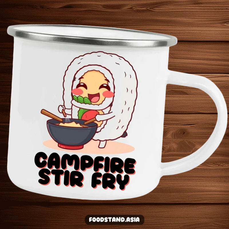 Funny Camping Mug: A cheerful sushi roll character happily stirs a wok, perfect for humorous outdoor cooking.