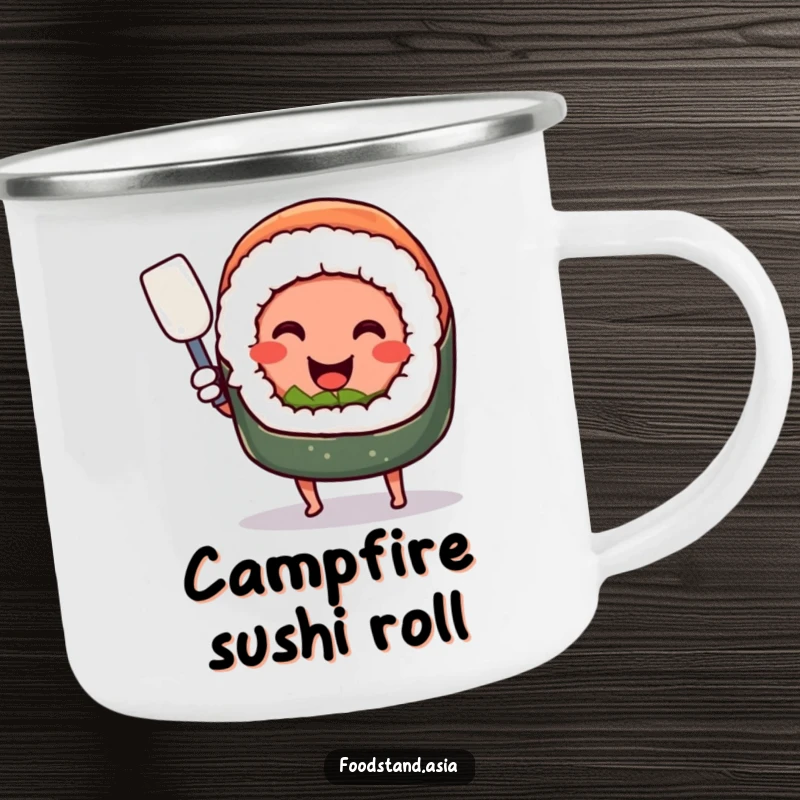 Funny smiling sushi roll with tiny legs, happily wielding a miniature spatula, a durable and humorous camping mug.