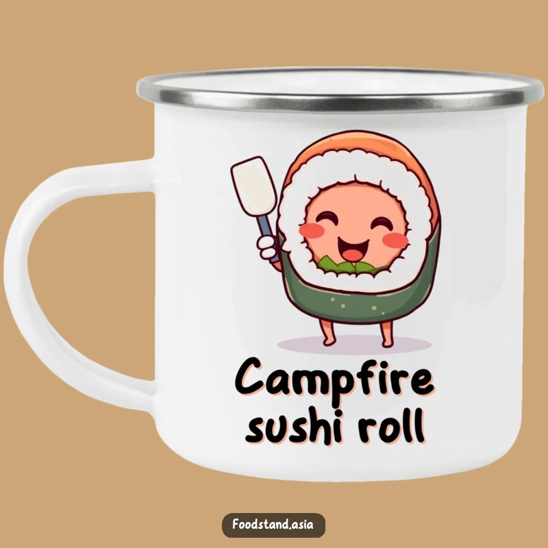 Funny Sushi Spatula Camp Mug: Smiling Chef Adventure Drinkware