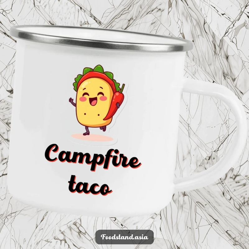 Funny camping mug with a cheerful taco with legs dancing with a chili pepper, ideal for outdoor use with a humorous fiesta theme.