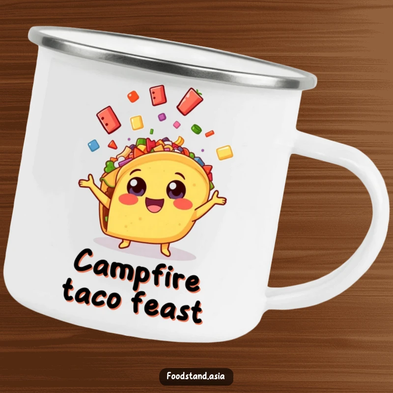 Funny cheerful taco with wide eyes, enthusiastically juggling colorful toppings, a durable and humorous camping mug.