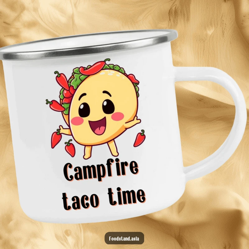 Funny camping mug featuring a grinning taco character juggling mini chili peppers, perfect for enjoying drinks outdoors with a spicy flair.
