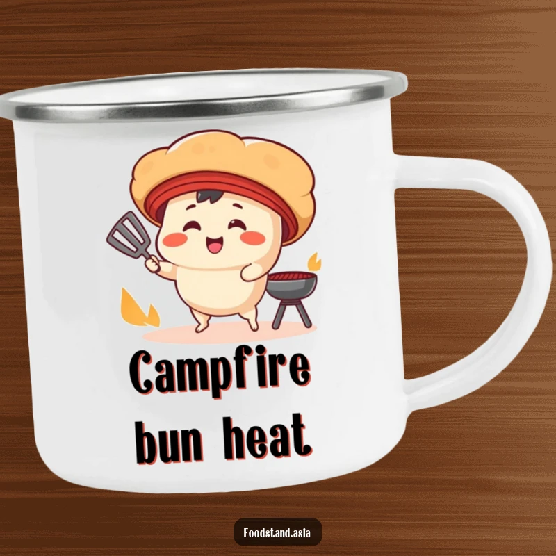 Funny Camping Mug: A smiling bao bun character with tiny legs fans a cooking grill, perfect for humorous outdoor cooking.