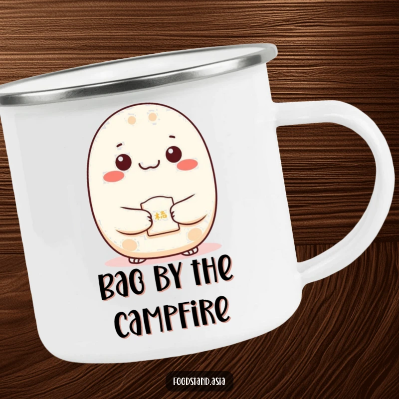 Funny Bao Camping Mug with dots for eyes presenting a fortune cookie, durable and humorous for outdoor use.