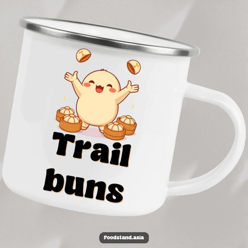 Funny camping mug with a jubilant dumpling juggling small steamed buns, ideal for outdoor use with a humorous food theme.