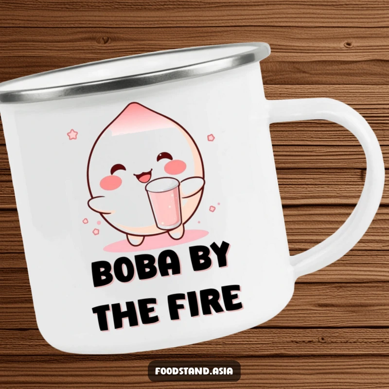 Funny camping mug featuring a rosy-cheeked mochi character happily bouncing a small boba drink, perfect for enjoying drinks outdoors sweetly.