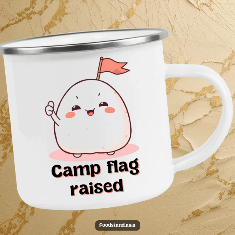 Funny Onigiri Flag Camping Mug with a giggling rice ball character waving a tiny flag, perfect for outdoor drinks.