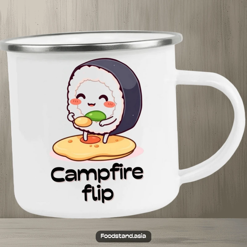 Funny camping mug with a smiling sushi roll with legs flipping a pancake, ideal for outdoor use with a humorous food theme.