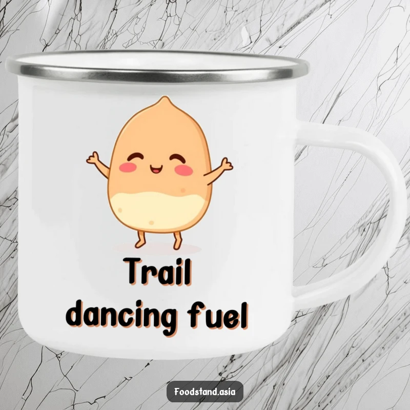 Funny Takoyaki Dance Camping Mug with a smiling Japanese snack doing a lively jig, perfect for outdoor beverages.
