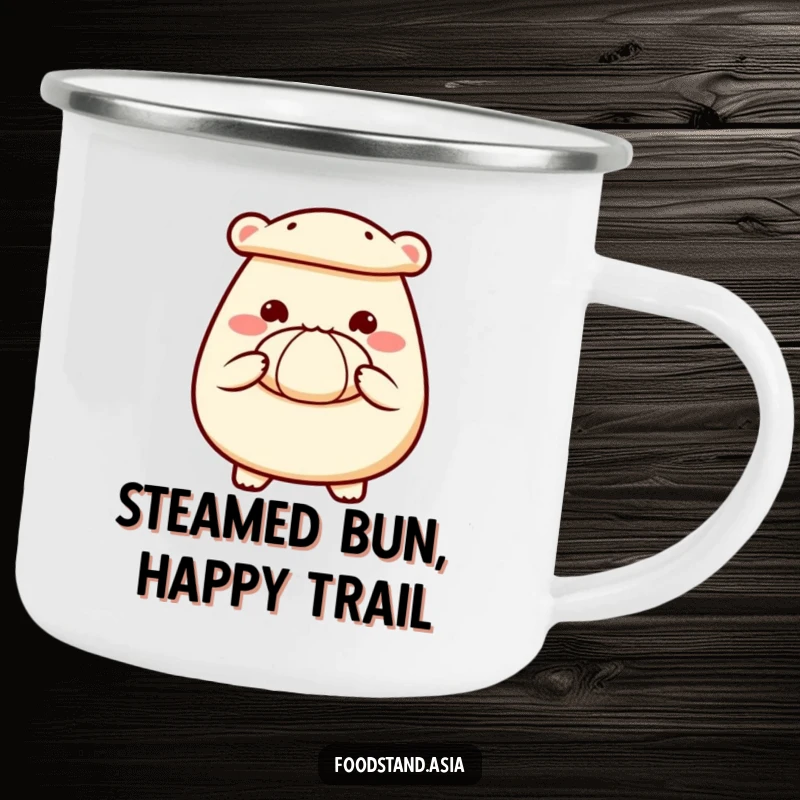 Funny enamel camping mug of a happy bao bun character, hands extended, offering a steamed bun.