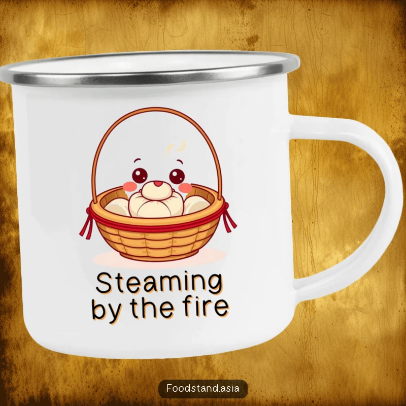Funny Dim Sum Basket Camping Mug with cheerful eyes offering a steaming bun, durable and humorous for outdoor use.