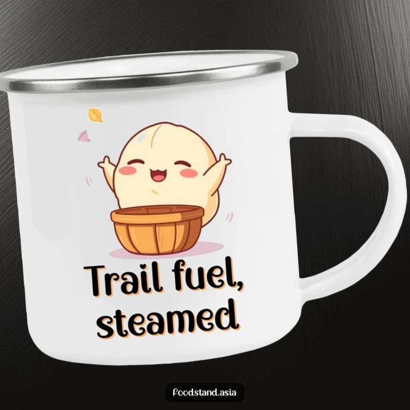 Funny camping mug featuring a giggling dumpling character playfully tossing a dim sum basket, perfect for enjoying drinks outdoors with humor.