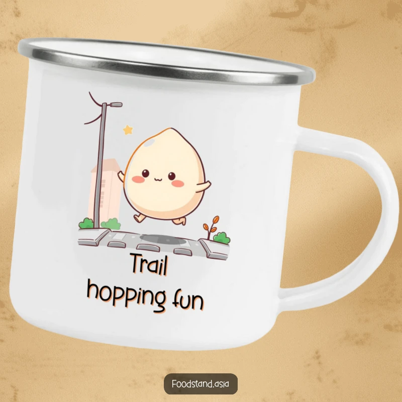 Funny Bouncing Mochi Camping Mug with a mochi with tiny appendages hopping on a street, perfect for outdoor drinks, a cute funny gift.