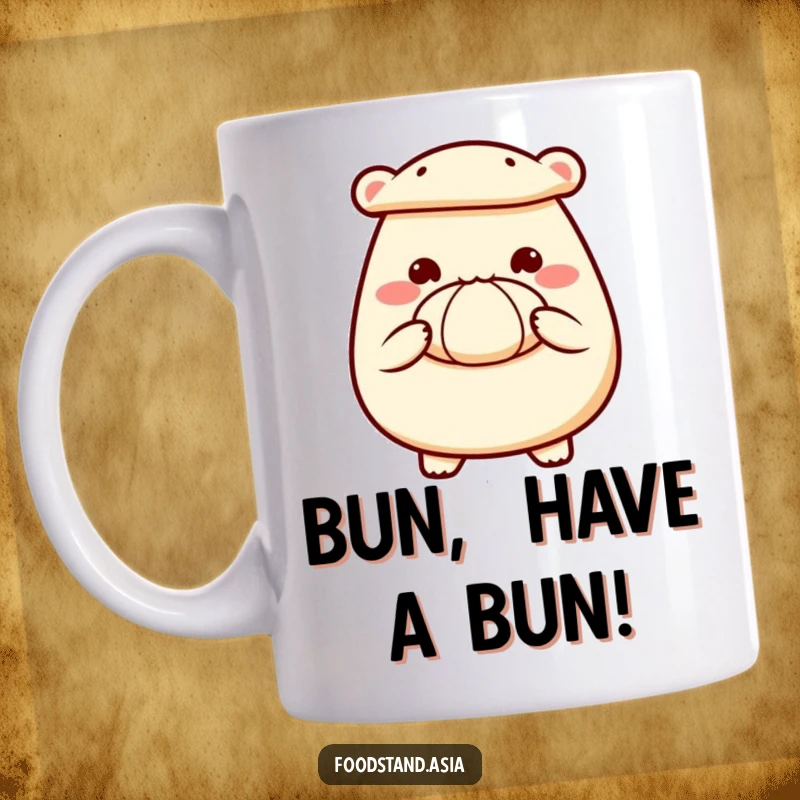 Funny mug with a happy bao bun character, its small hands extending forward holding a small steamed bun.