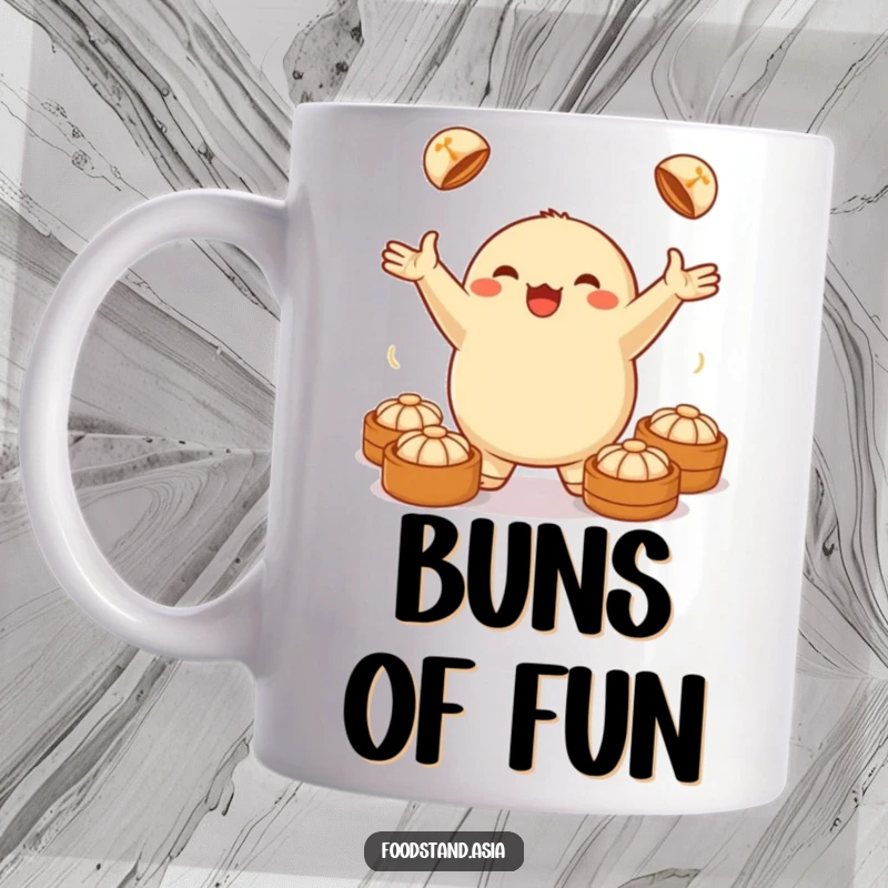 Funny mug featuring a jubilant anthropomorphic dumpling juggling small steamed buns, embodying playful food fun.