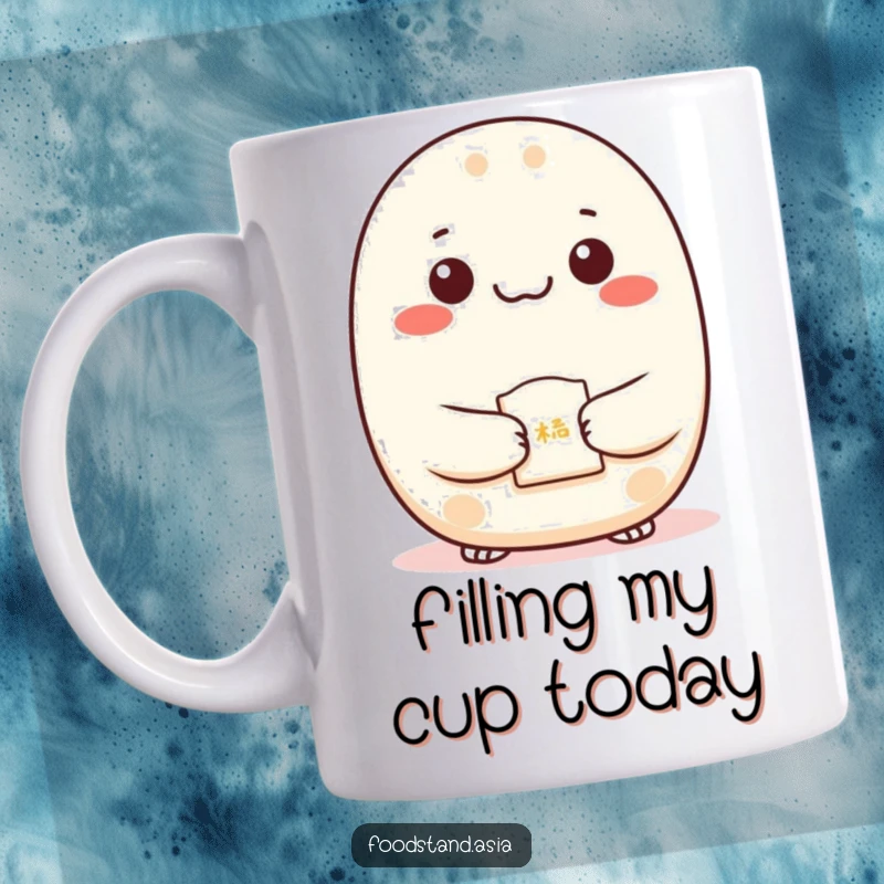 Funny Bao Mug with dots for eyes happily presenting a fortune cookie, a humorous and lucky gift for all.