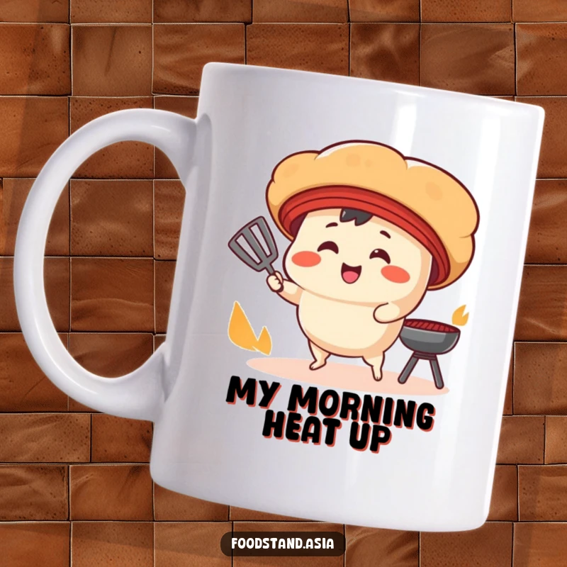 Funny Mug: A smiling bao bun character with tiny legs energetically fans a cooking grill, bringing delicious humor.