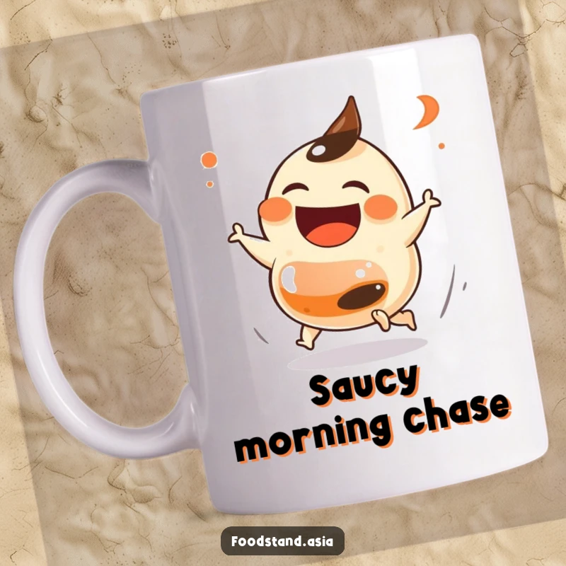 Funny Dumpling Chase Mug featuring a laughing dumpling with small feet playfully pursuing a runaway soy sauce bottle, full of whimsical action, a great gift.