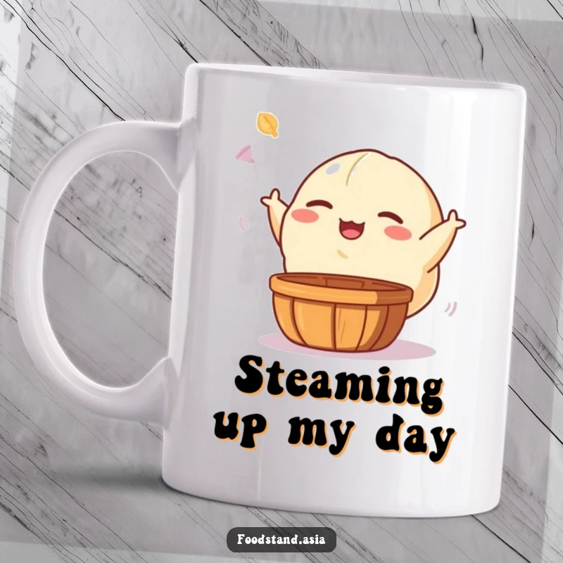 Funny mug featuring a giggling, small-armed dumpling character playfully tossing a mini dim sum basket, conveying pure joy and foodie delight.