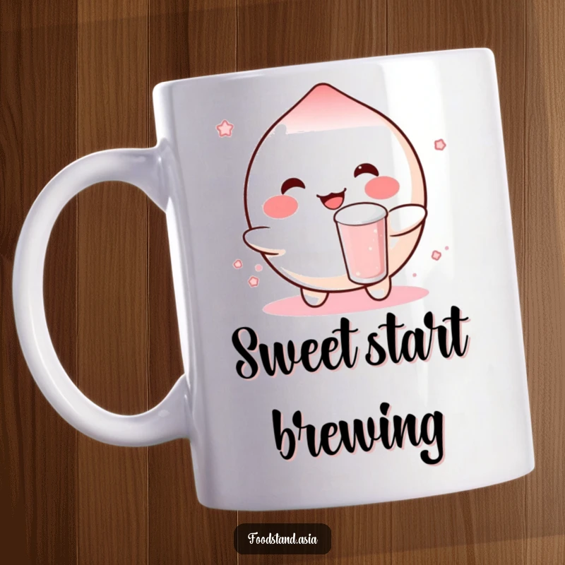 Funny mug featuring a rosy-cheeked mochi character happily bouncing a small boba drink, embodying pure joy and sweetness.