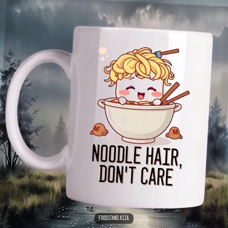 Funny ramen bowl mug with noodles for hair giggling while stirring a giant pot, a culinary comedy masterpiece.