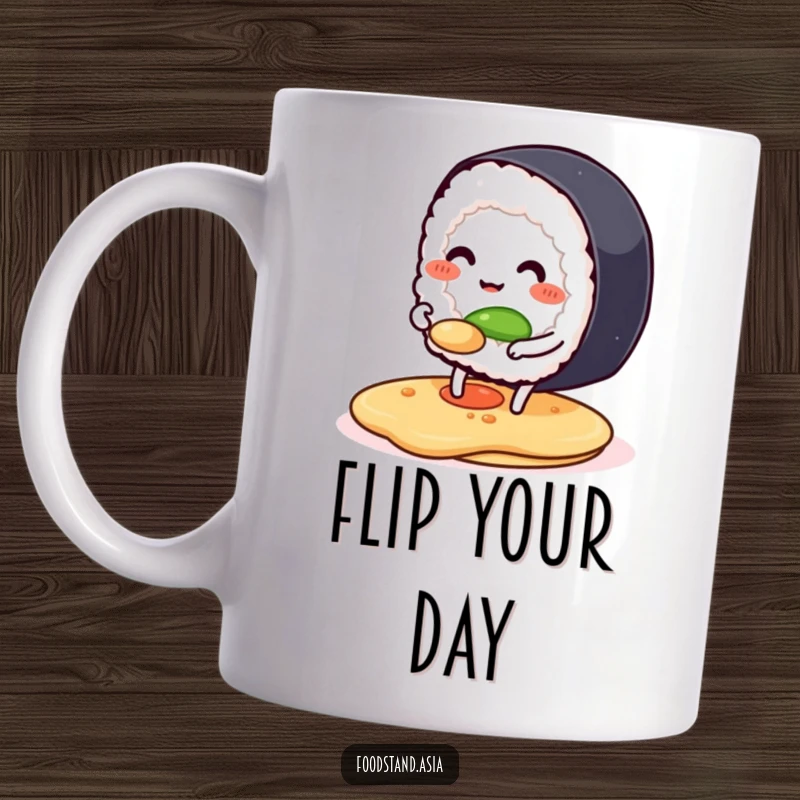 Funny mug featuring a smiling anthropomorphic sushi roll with tiny legs happily flipping a pancake, embodying culinary fun.