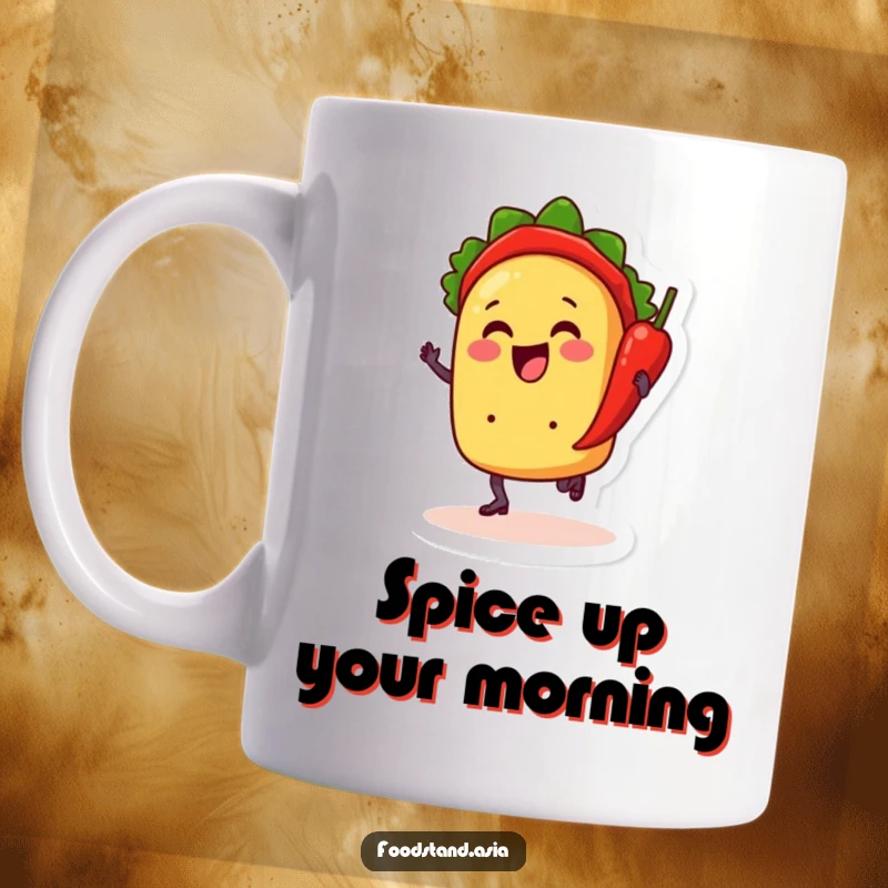 Funny mug featuring a cheerful anthropomorphic taco with little feet dancing with a chili pepper, embodying festive food fun.