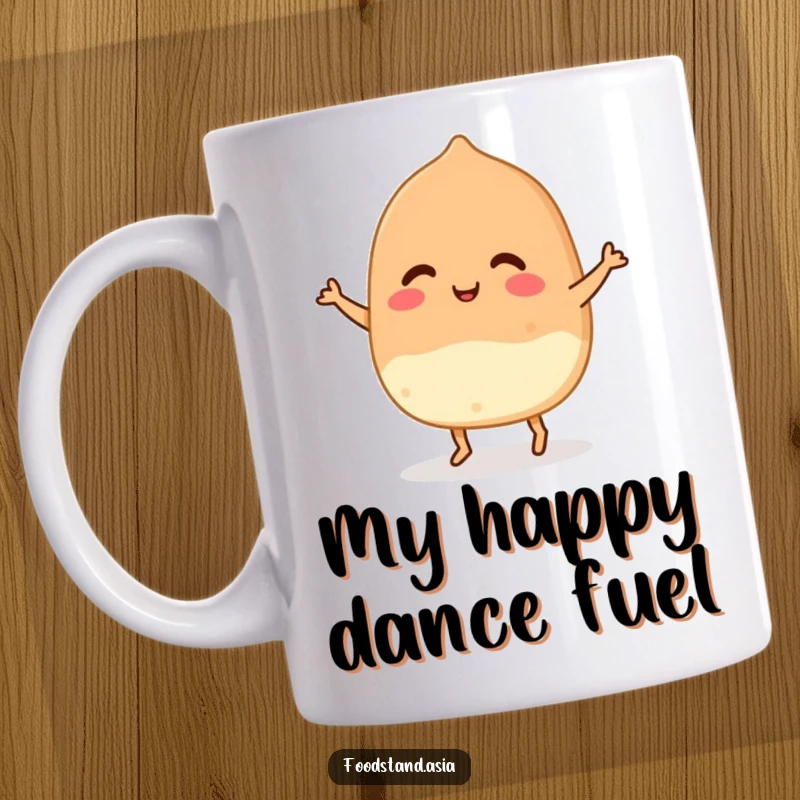 Funny Takoyaki Mug featuring a smiling, dancing ball of dough with tiny feet, spreading joy and culinary cheer.