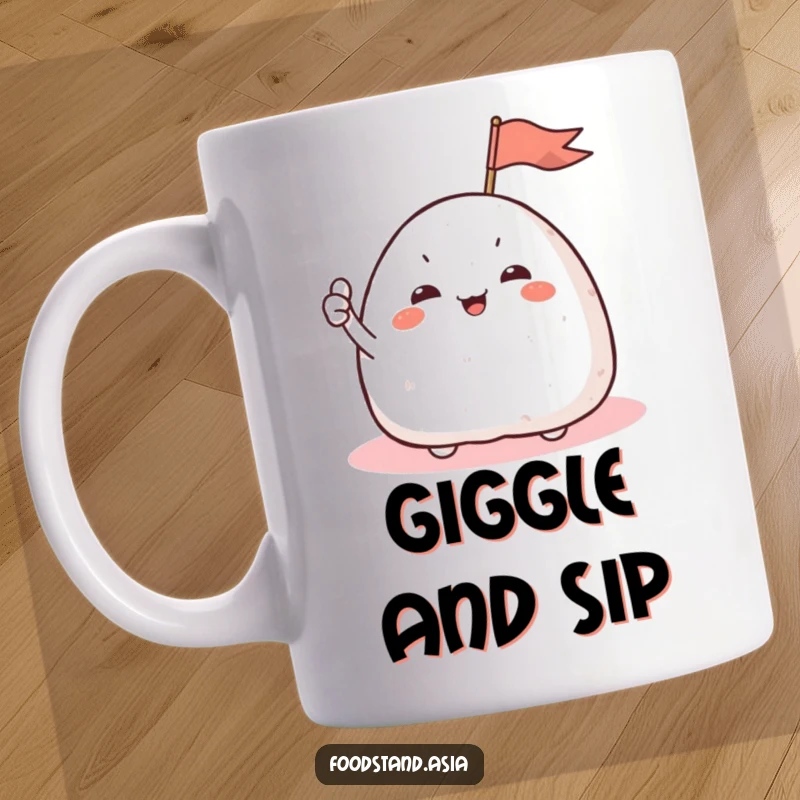 Funny Onigiri Mug featuring a giggling rice ball character with small arms waving a tiny flag cheerfully.