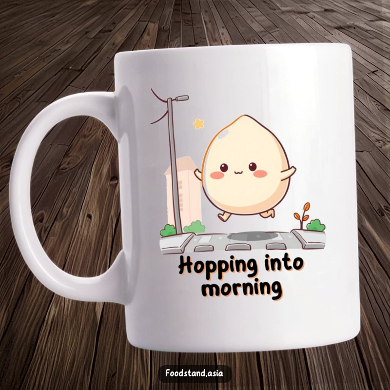 Funny Bouncing Mochi Mug featuring an adorable mochi with tiny appendages happily hopping down a street, radiating pure joy and cuteness, a perfect funny gift.