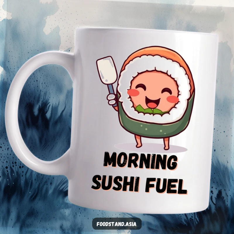 Funny smiling sushi roll with tiny legs, happily wielding a miniature spatula, a humorous and charming mug.