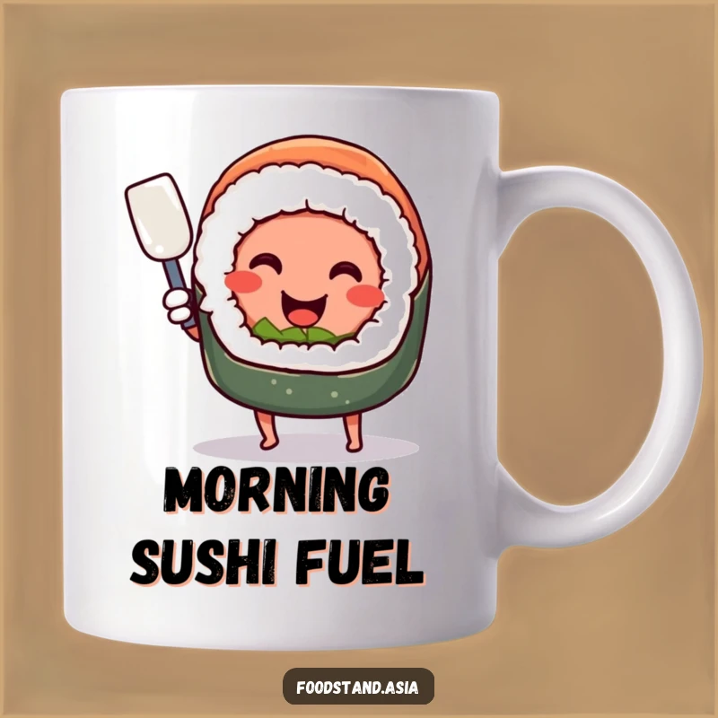 Funny Sushi Roll Spatula Mug: Smiling Chef Foodie Humor Gift