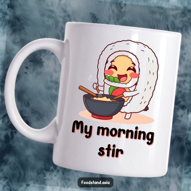 Funny Mug: A cheerful sushi roll character with a happy expression happily stirs a wok, bringing culinary humor.