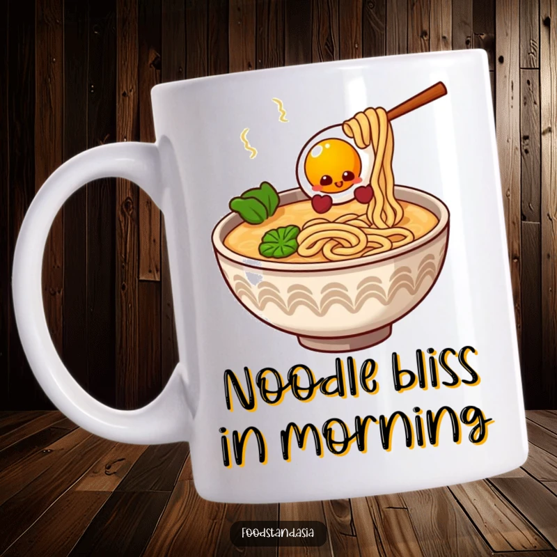 Funny Ramen Bowl Mug with giggling noodles and a bouncy egg, a delightful and humorous gift for breakfast and lunch.