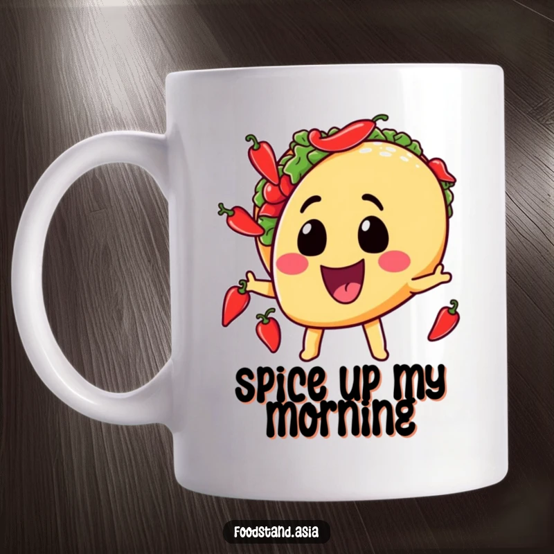 Funny mug featuring a smiling taco character juggling tiny chili peppers with glee, embodying playful foodie spirit.
