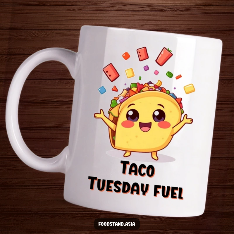 Funny cheerful taco with wide eyes, enthusiastically juggling colorful toppings, a humorous and vibrant mug.