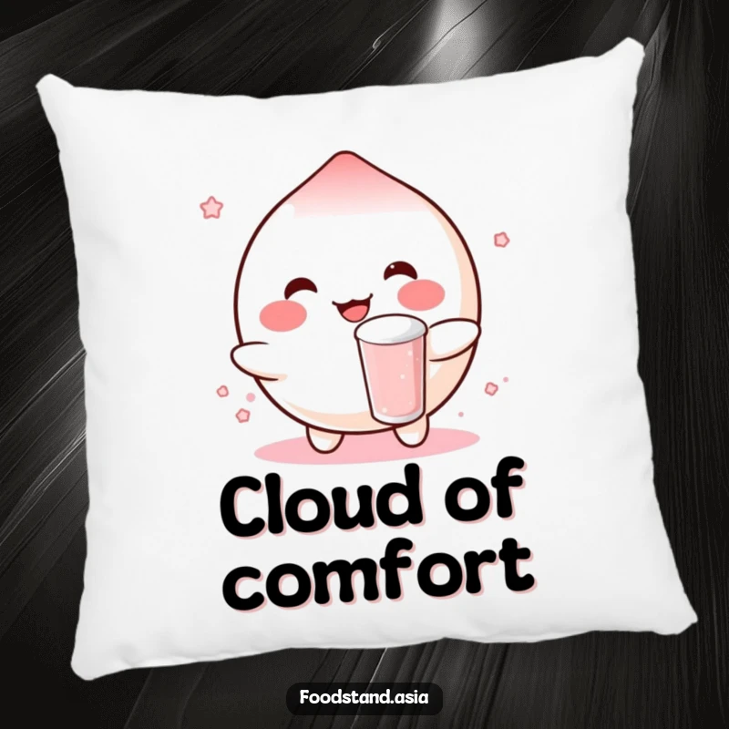 Funny pillow showcasing a rosy-cheeked mochi character happily bouncing a small boba drink, providing cozy, cheerful comfort.