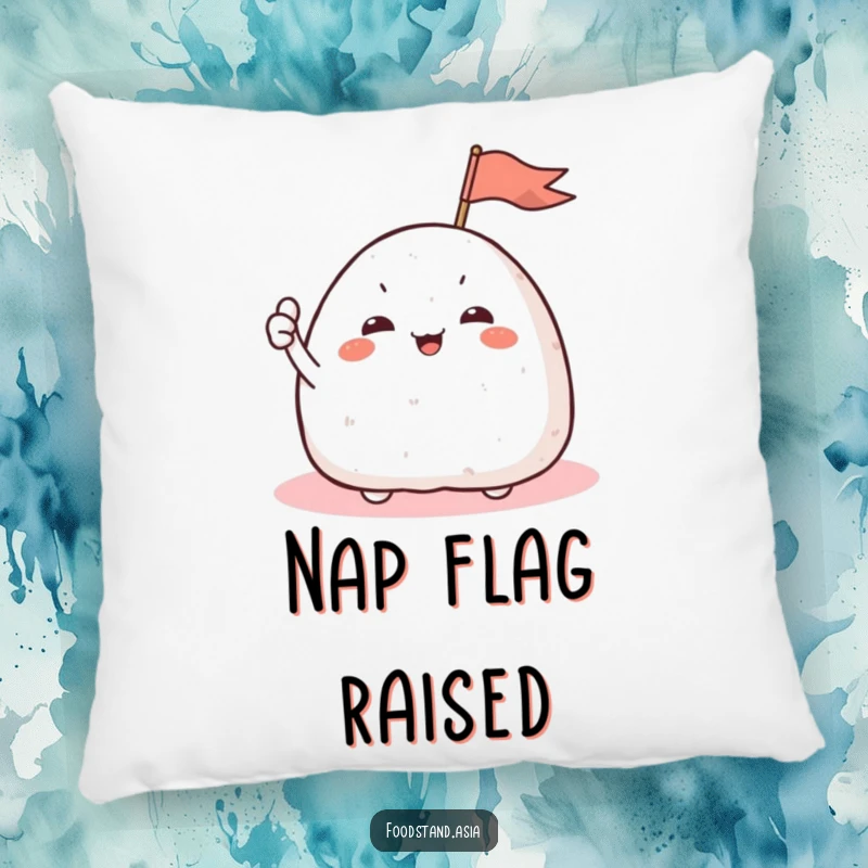 Funny Onigiri Flag Pillow with a giggling rice ball character waving a small flag, ideal for cozying up.