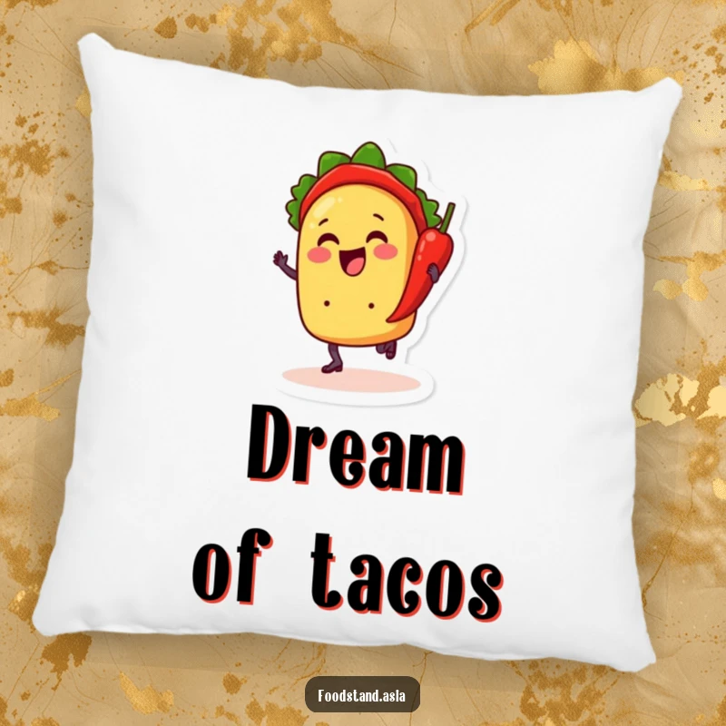 Funny pillow featuring a cheerful taco with little feet dancing with a chili pepper, offering comfort and a humorous accent.
